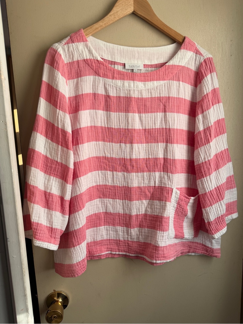 habitat Pink & White Striped Cotton Crinkle Gauze Boatneck Top Small